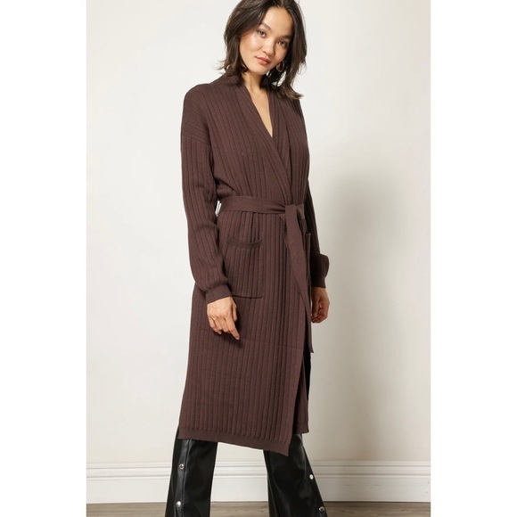 Line & Dot Long Belted Ribbed Cardigan in Brown Sz. Medium - NWT - Picture 2 of 13